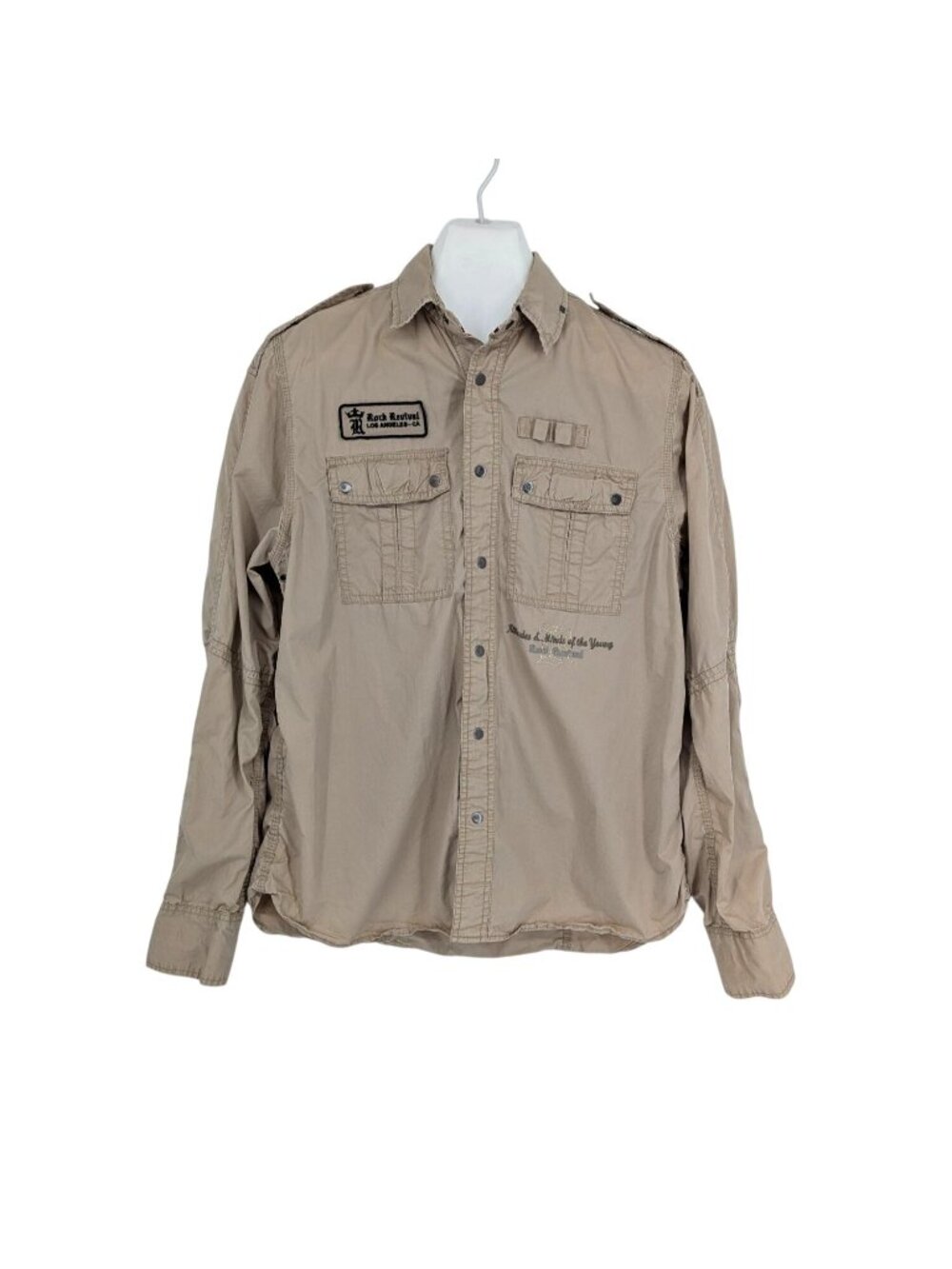 Rock Revival Military Utility Snap On Shirt Western‎ Y2K Distressed Khaki Large